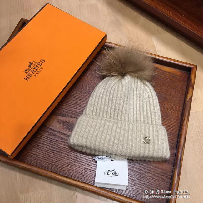 愛馬仕HERMES 秋冬新款 時尚爆款狐狸毛球羊絨帽 LLWJ8714